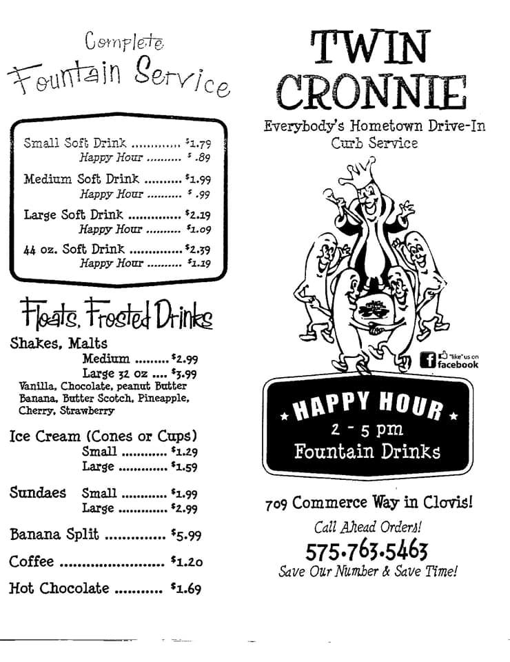 Twin Cronnie Drive-In General Menu