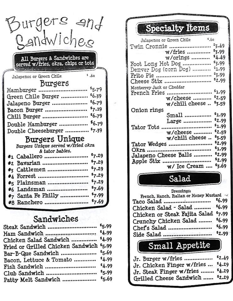 Twin Cronnie Drive-In General Menu