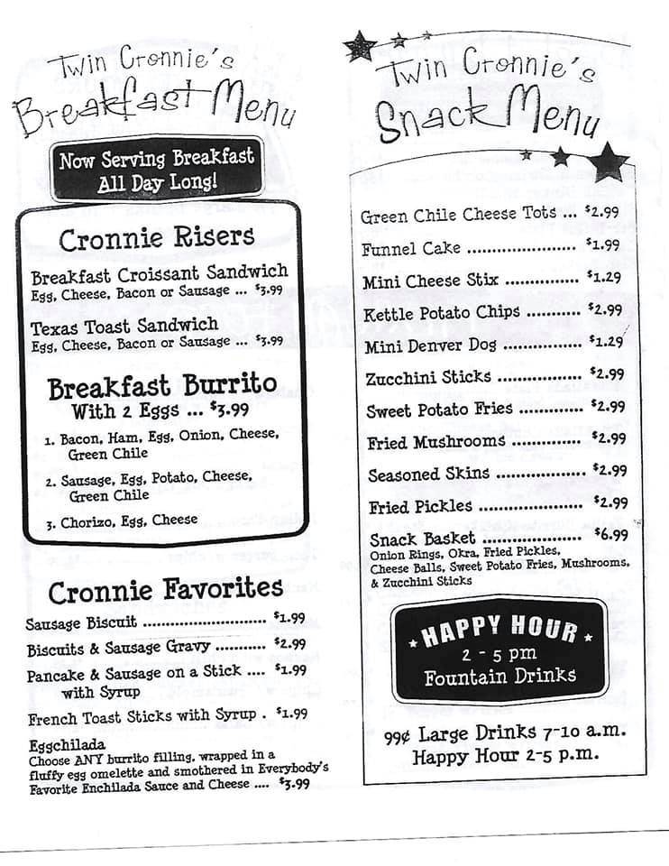 Twin Cronnie Drive-In General Menu