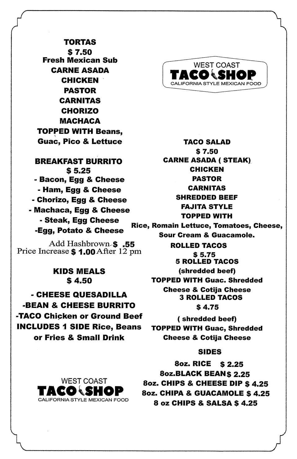 West Coast Taco Shop General Menu