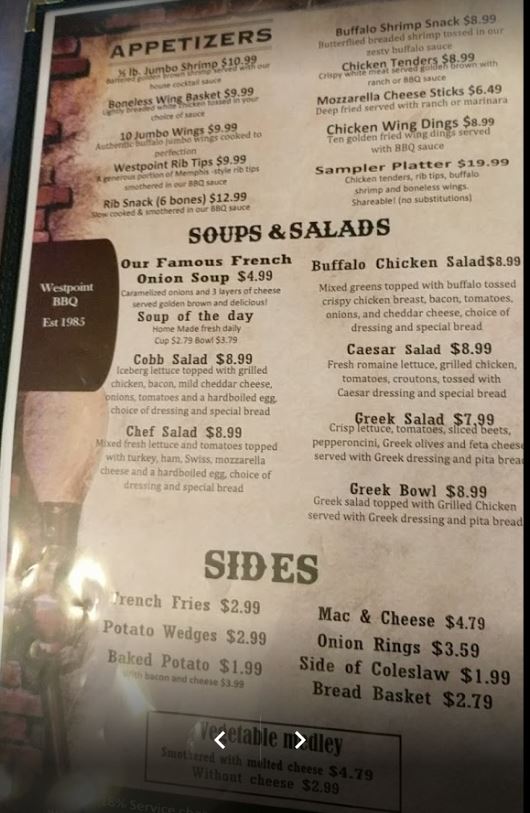 Westpoint BBQ General Menu