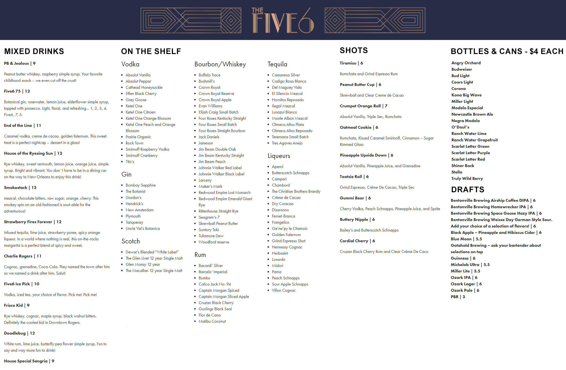 The Five6 The Five6 Drinks Menu - Bar Menu in Rogers, AR